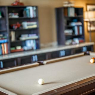 A cozy game room with a pool table and bookshelves in the background.