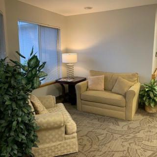 A cozy living room corner with two sofas, a lamp on a side table, and decorative plants.