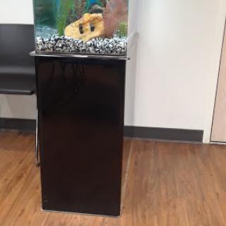 A black stand holding an aquarium filled with decorative elements and fish.