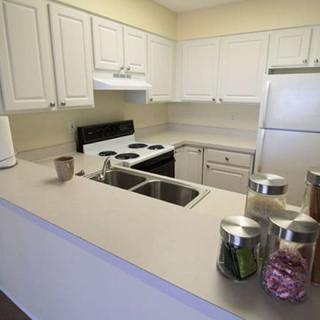 A clean, modern kitchen with white cabinets and various appliances.