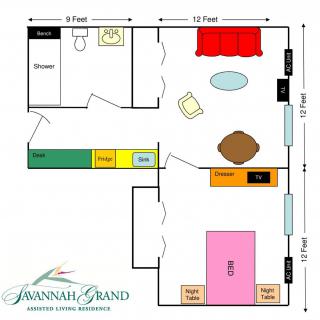 A floor plan of an apartment with labeled rooms and furniture placement.