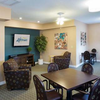 A cozy lounge area with comfortable seating and a television, decorated with artwork and a potted plant.