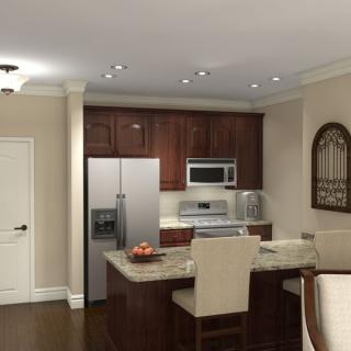 A modern kitchen with dark wood cabinets, stainless steel appliances, and a central island with bar stools.