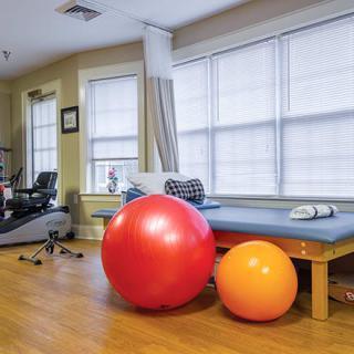 A therapy room equipped with exercise balls and fitness equipment.