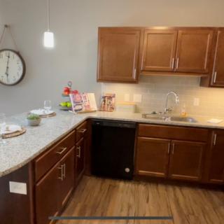 Modern kitchen with wooden cabinets and a sleek countertop.