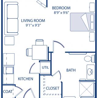A floor plan of a one-bedroom apartment with labeled rooms including a living room, kitchen, bathroom, and closet.