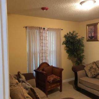 A cozy living room with a sofa, chair, plant, and window with curtains.