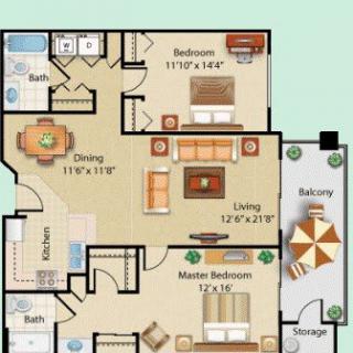 This image shows a floor plan of a two-bedroom apartment featuring a living room, kitchen, dining area, bathroom, and balcony.