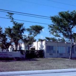 A view of a building surrounded by trees, alongside a road on a clear day.