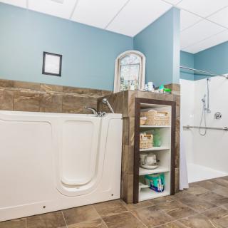 A modern bathroom equipped with a walk-in tub and accessible shower, designed for elderly care and accessibility.