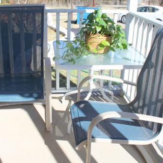 A sunny patio with outdoor furniture and a potted plant on the table.