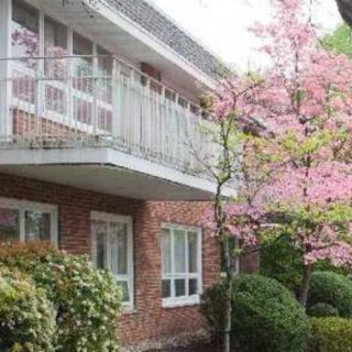 A charming brick house with a balcony, surrounded by blooming trees and a well-maintained garden.