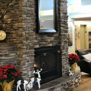 A cozy living room with a stone fireplace adorned with deer figurines and poinsettias, featuring a large mirror above.