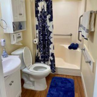 A small bathroom with a shower area, patterned curtain, toilet, sink, and blue rug.