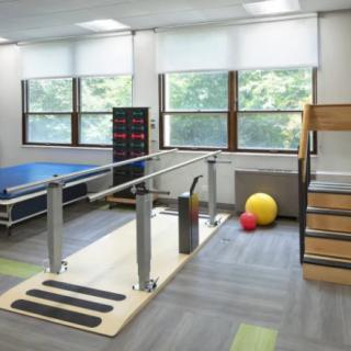 A well-equipped physical therapy room featuring parallel bars and exercise balls.
