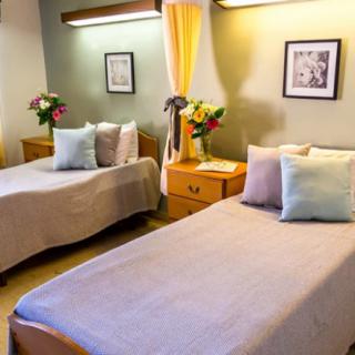 A cozy bedroom with two twin beds, decorated with pillows and featuring flowers on the nightstands.