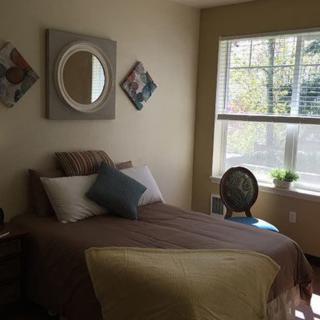 A cozy bedroom with a neatly made bed, decorative mirror, and large window letting in natural light.