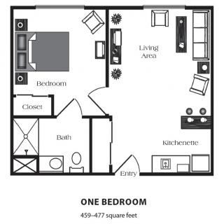 One-bedroom apartment floor plan featuring a living area, kitchen, bathroom, bedroom, and closet.