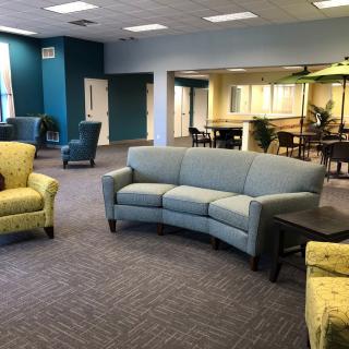 A modern lobby with comfortable seating and stylish interior design.