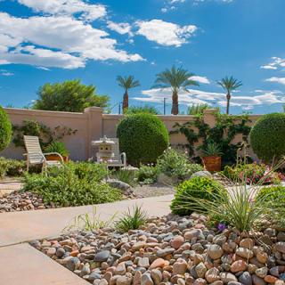 A beautifully landscaped desert garden featuring palm trees, succulents, and comfortable outdoor seating.