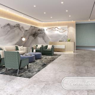 A modern lobby featuring contemporary furniture and elegant design elements.