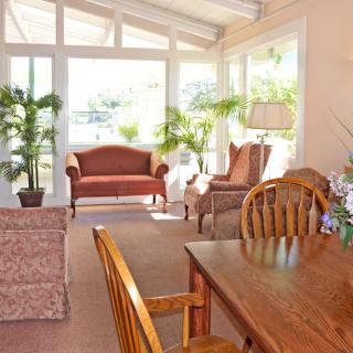 A cozy sunlit living room featuring comfortable furniture and lush indoor plants.