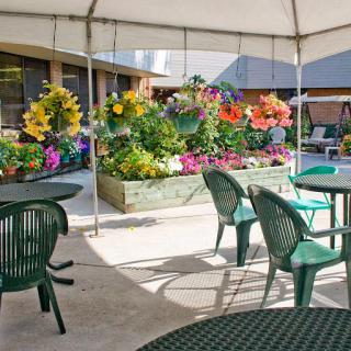A vibrant outdoor seating area surrounded by blooming flowers, perfect for relaxation under a tent.