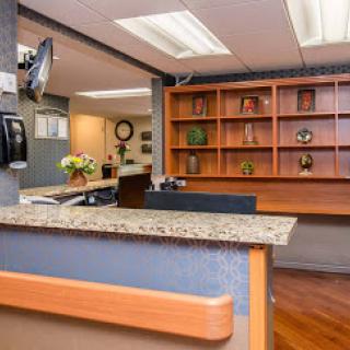 A modern reception area featuring a sleek counter and decorative shelves.