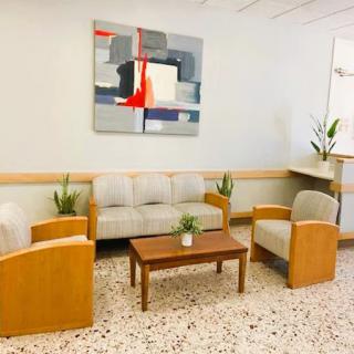 A modern lobby with comfortable seating, artwork on the wall, and decorative plants.