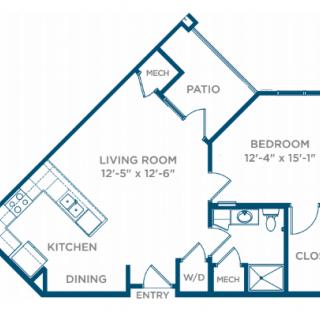 A floor plan of a one-bedroom apartment featuring a living room, kitchen, dining area, bathroom, and patio.