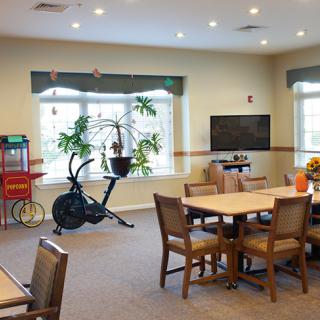 A well-lit room featuring tables, chairs, an exercise bike, a TV, and large windows with plants.
