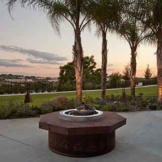 A serene outdoor patio with a fire pit at sunset, surrounded by palm trees.