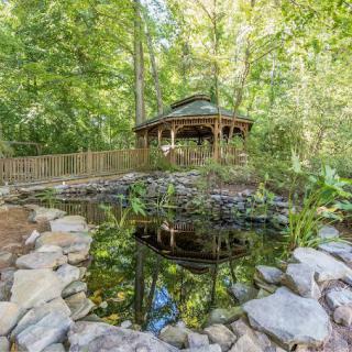 A serene garden featuring a pond with a gazebo in the background surrounded by lush greenery.