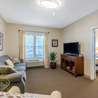A cozy living room with a sofa, television, coffee table, and decor elements like a plant and framed pictures.