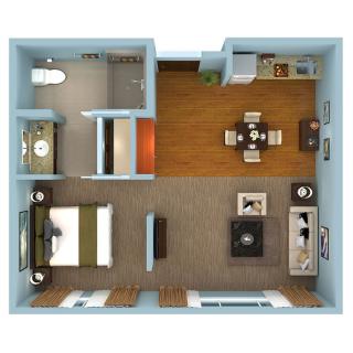 A 3D floor plan of a one-bedroom apartment showcasing the layout of the living room, kitchen, and bathroom.