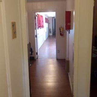 A view of a hallway leading to different rooms in a home.