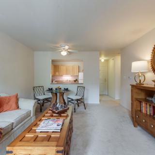 Cozy living room with a comfortable sofa, coffee table, and a small dining area in the background.