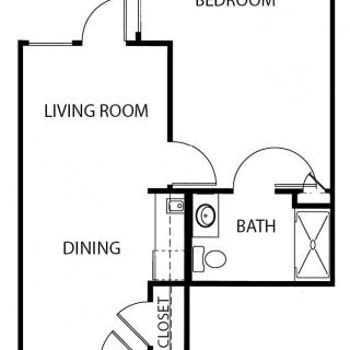 A simple one-bedroom apartment floor plan featuring a living room, dining area, bathroom, and closet.