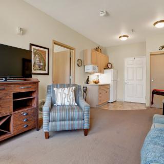 A cozy apartment living room with a television, armchair, and kitchen area.