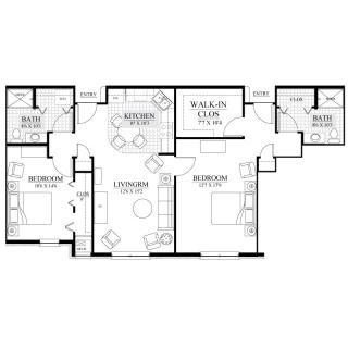 A detailed floor plan of a two-bedroom apartment featuring a living room, kitchen, and bathrooms.