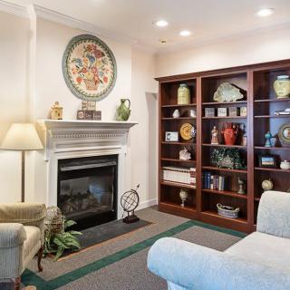A cozy living room with a fireplace, bookshelves filled with decor, and comfortable seating.