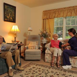 A nurse provides home care to an elderly couple in their living room.