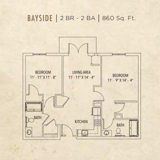 Floor plan of a Bayside apartment featuring 2 bedrooms and 2 bathrooms over 860 square feet.