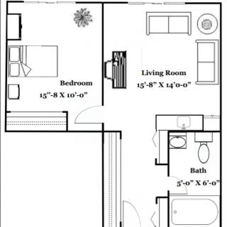 A floor plan of a one-bedroom apartment featuring a living room, bedroom, and bathroom.