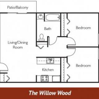 The floor plan of a two-bedroom apartment named 'The Willow Wood' featuring a patio/balcony, living/dining room, kitchen, and bathroom.