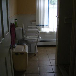 A bathroom interior with a toilet and sink near a window.