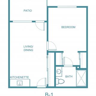 Blueprint of a one-bedroom apartment with a patio, living/dining area, kitchenette, and bathroom.