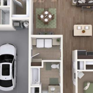 A detailed floor plan showcasing the layout of a modern home with a garage, living area, kitchen, and bedrooms.