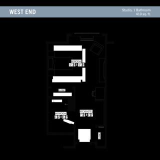 A schematic floor plan of a space titled 'West End', showcasing the layout of rooms and corridors.