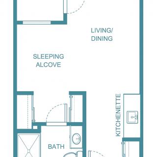 Studio apartment floor plan with a living/dining area, sleeping alcove, bathroom, and kitchenette.